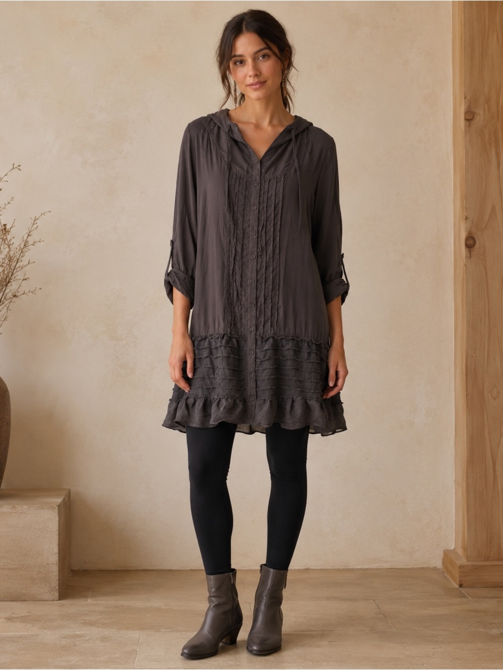 3 Stones Hooded Tunic Dress Small Charcoal Boho Pintuck Ruffle Hem